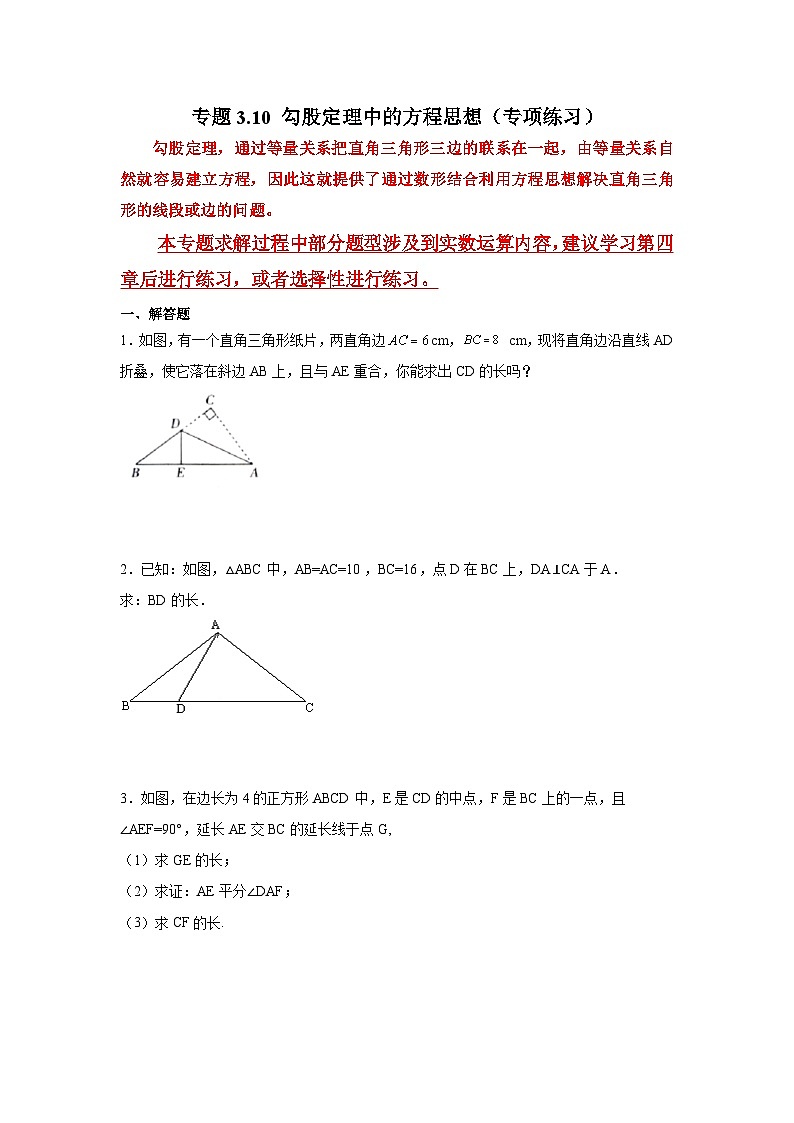 专题3.10 勾股定理中的方程思想（专项练习）（教师版）01