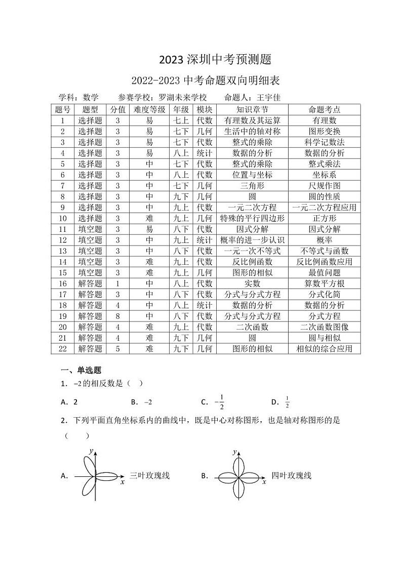 2023年广东省深圳市罗湖区未来学校九年级中考数学模拟试题01