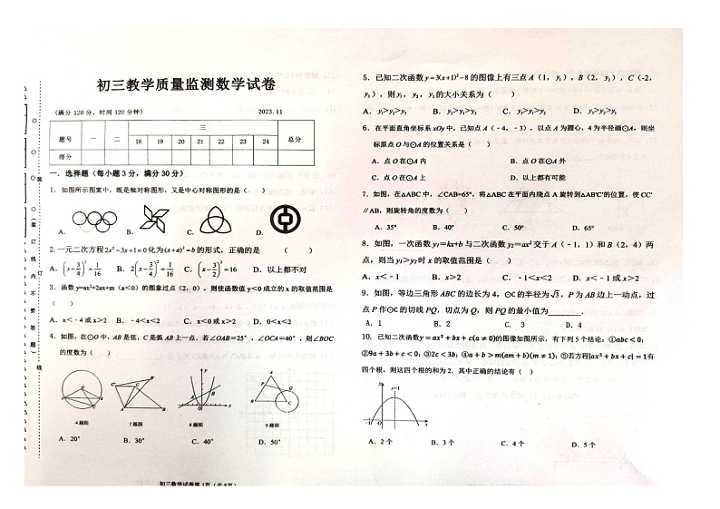 黑龙江省齐齐哈尔市五地市2023-2024学年 上学期期中九年级数学 测试题第1页