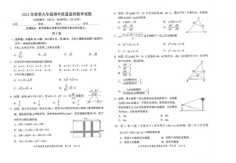 福建省泉州市安溪县2023-2024学年九年级上学期11月期中数学试题01