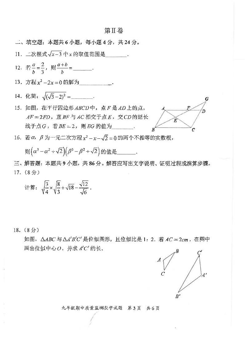 福建省泉州市安溪县2023-2024学年九年级上学期11月期中数学试题02