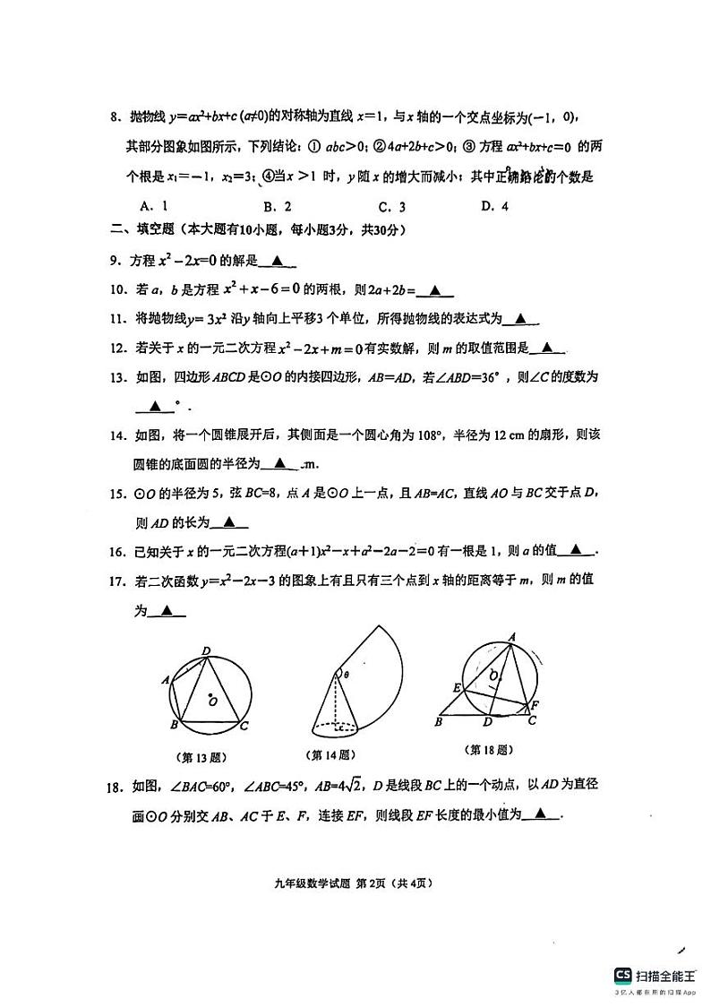 江苏徐州市师大附中2023-2024学年九年级上学期11月期中数学试题第2页