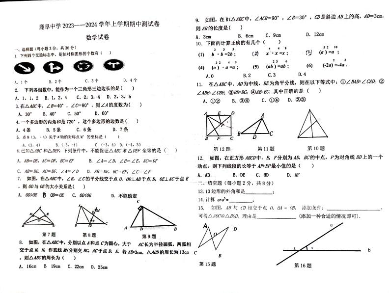 云南省石林县鹿阜中学2023-2024学年八上数学期中测试卷01