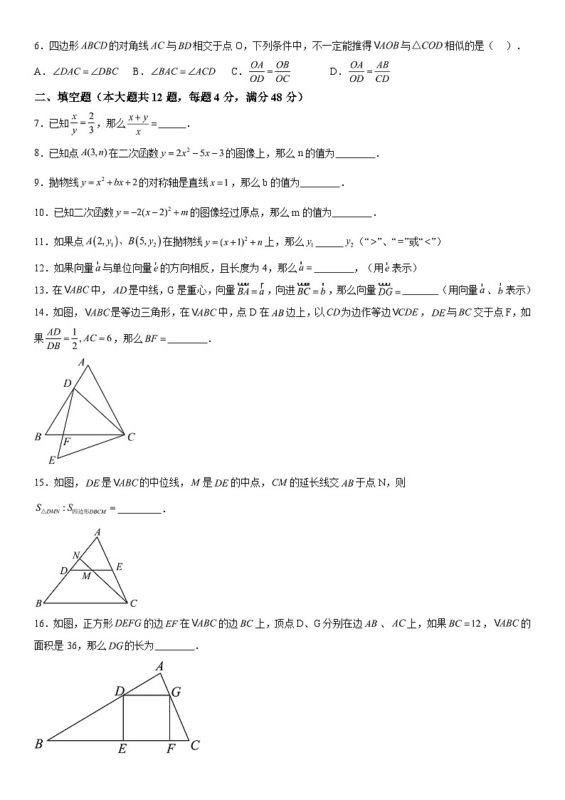 上海市普陀区2023-2024学年九年级上学期期中数学试题 含解析02