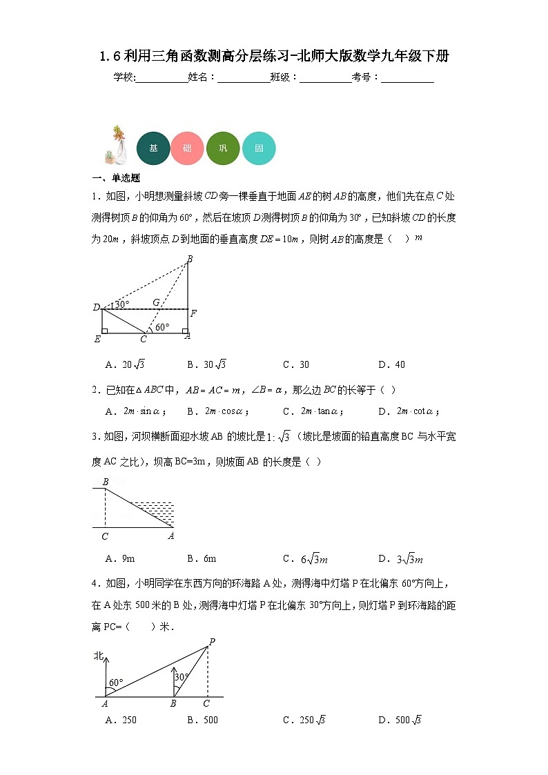 1.6利用三角函数测高分层练习-北师大版数学九年级下册01