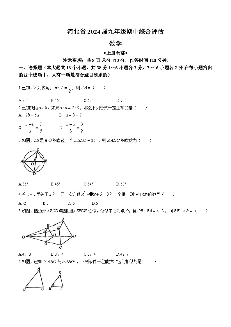 河北省邢台市英华中学2023-2024学年九年级上学期期中数学试题第1页