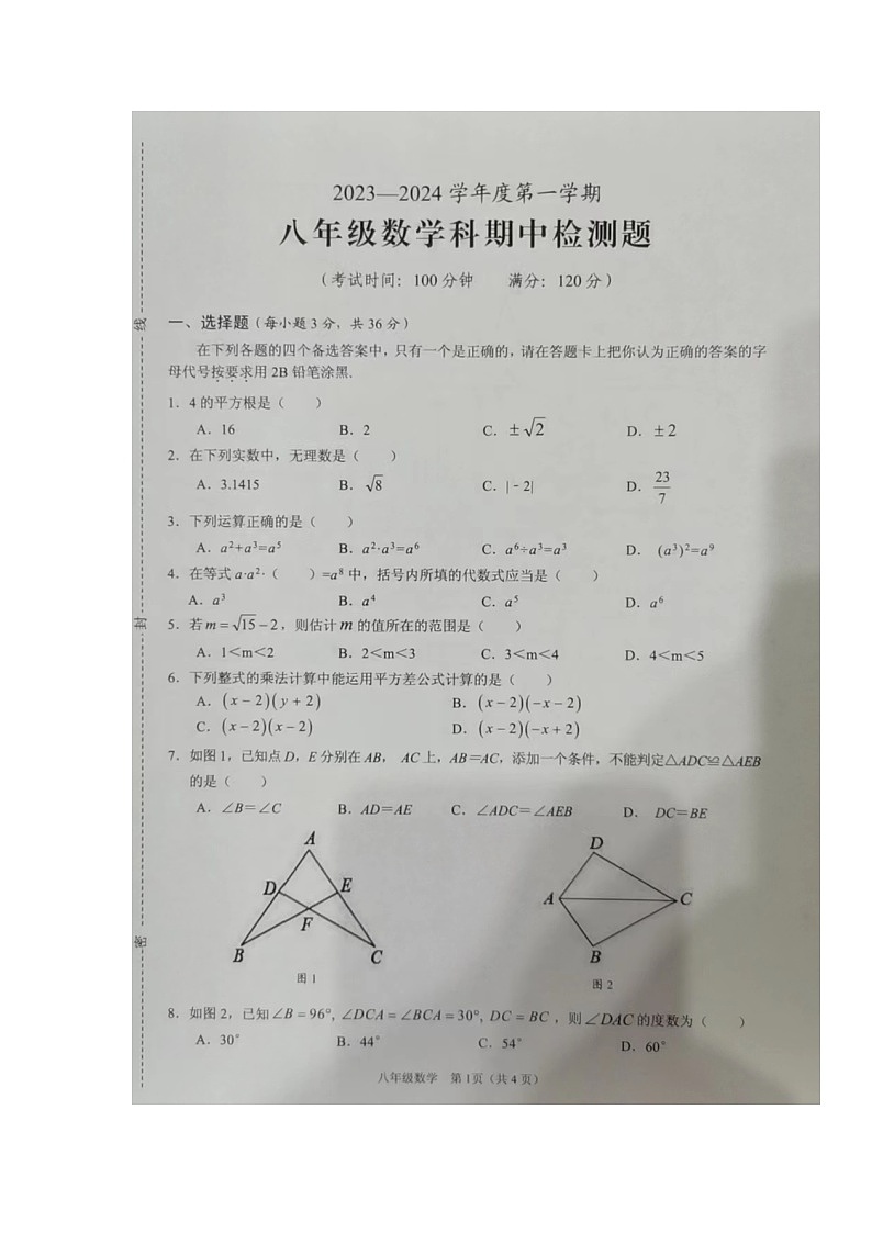 海南省海口市11校2023-2024学年八年级上学期期中检测数学试题第1页
