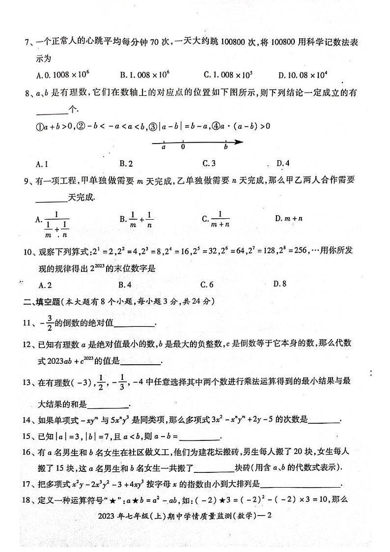 湖南省邵阳市新邵县2023-2024学年七年级上学期11月期中数学试题02
