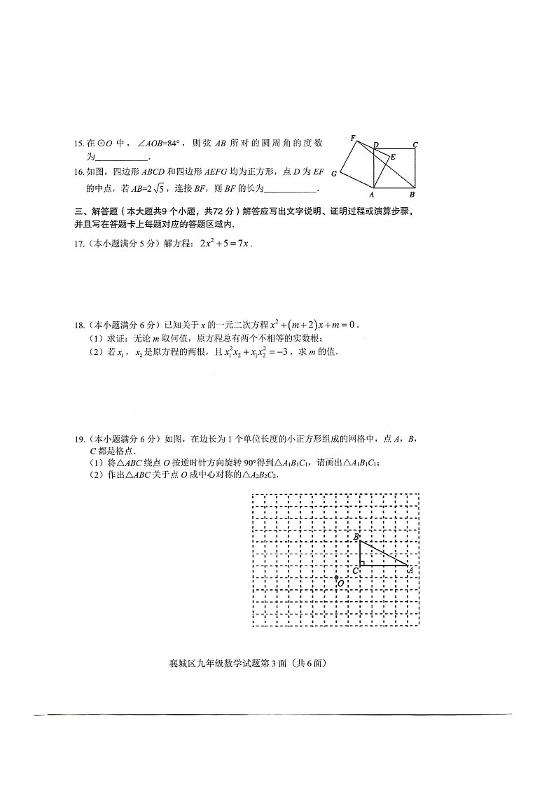 湖北省襄阳市襄城区2023-2024学年九年级上学期11月期中数学试题03