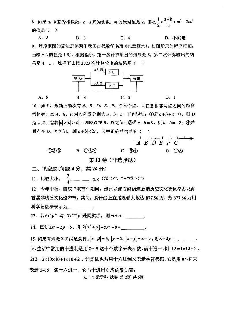 福建省漳州市第一中学2023-2024学年七年级上学期期中考试数学试卷第2页