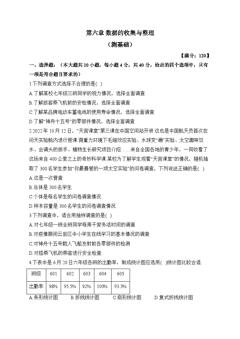 北师大版七年级数学上册单元检测卷 第六章 数据的收集与整理（测基础）01