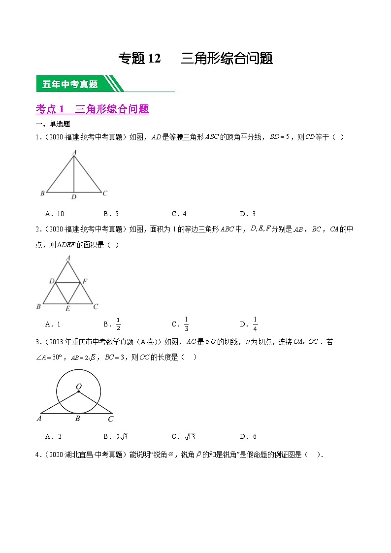 专题12 三角形综合问题5年（2019-2023）中考1年模拟数学真题分类汇编（全国通用）01