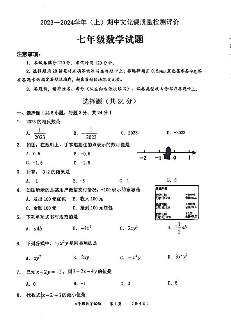 陕西省渭南市澄城县2023-2024学年七年级上学期11月期中数学试题01