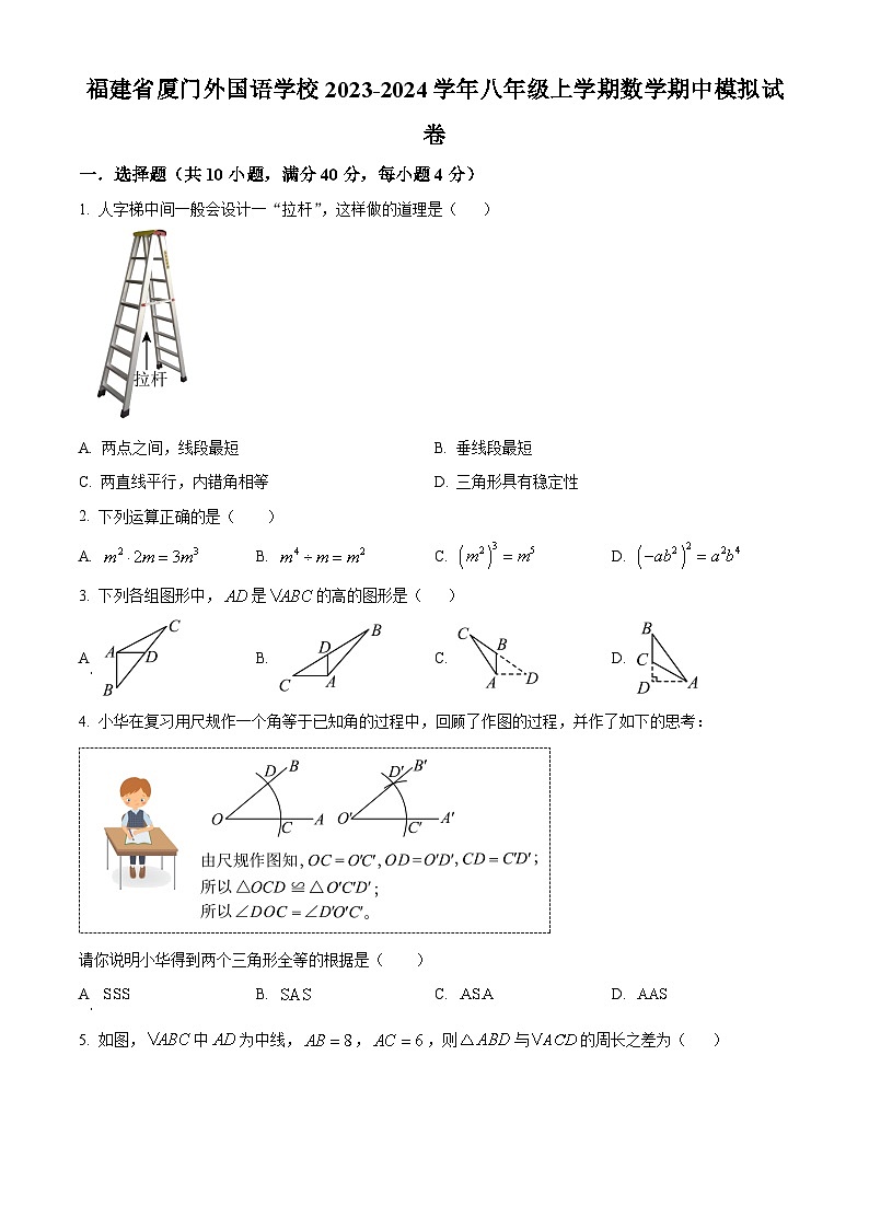 福建省厦门外国语学校2023-2024学年八年级上学期期中模拟数学试题01
