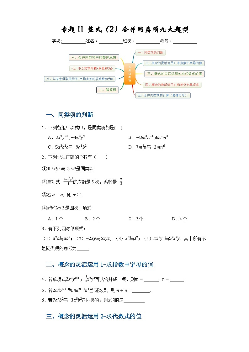 专题11 整式（2）合并同类项九大题型（原卷版）第1页
