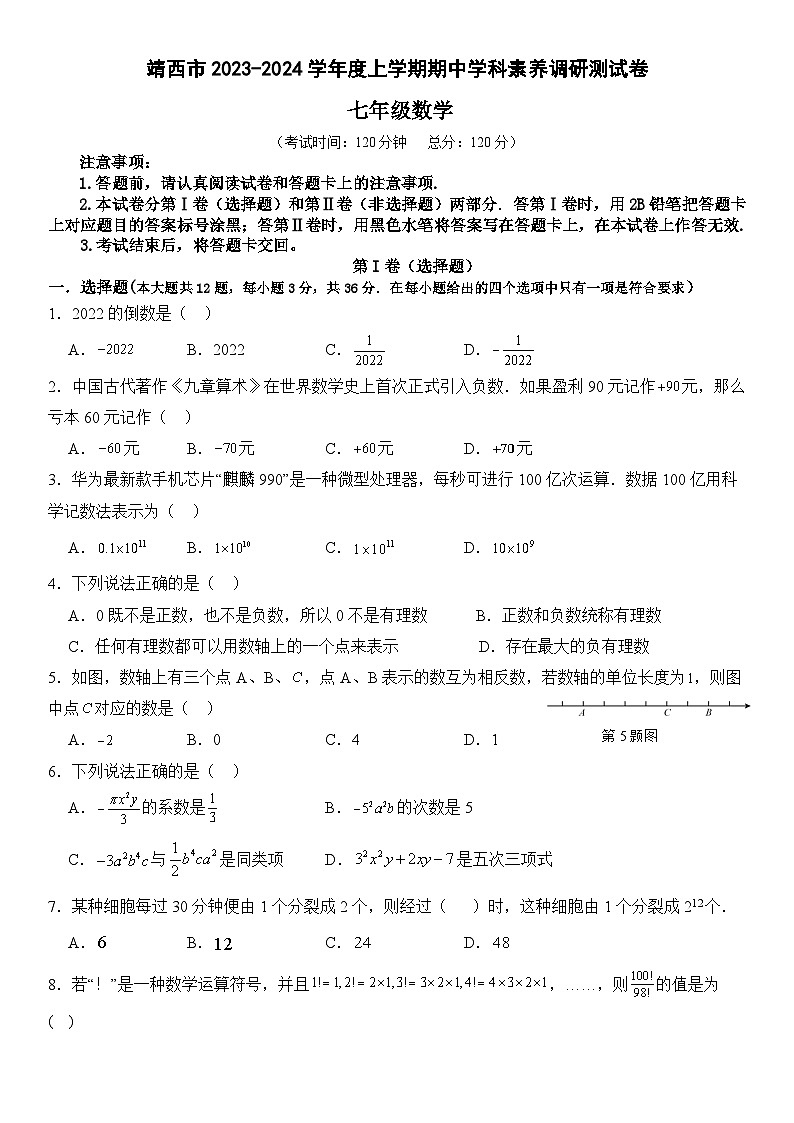 广西靖西市2023-2024学年上学期期中学科素养调研七年级数学测试卷第1页