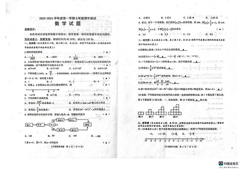 江苏省淮安市涟水县2023-—2024学年七年级上学期11月期中数学试题01