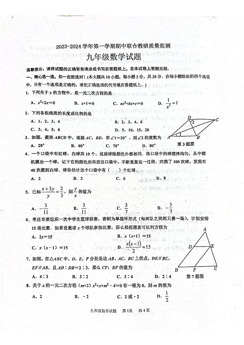 山东省枣庄市市中区2023-2024学年九年级上学期11月期中数学试题第1页