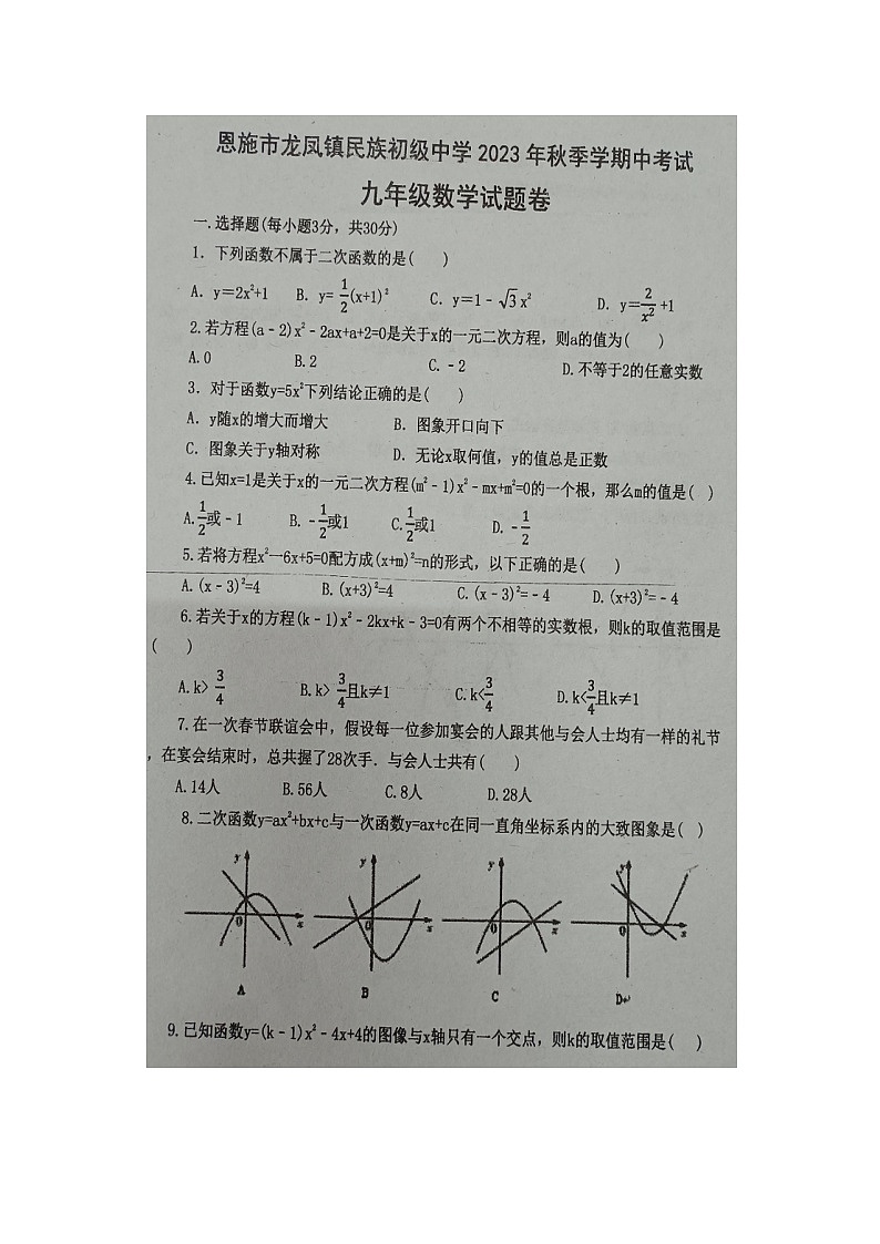 湖北省恩施市龙凤镇民族初级中学2023-2024学年上学期九年级数学期中试题01
