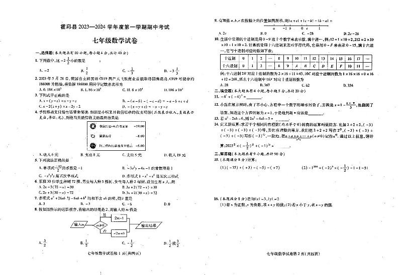 安徽省六安市霍邱县2023-2024学年七年级上学期11月期中数学试题01