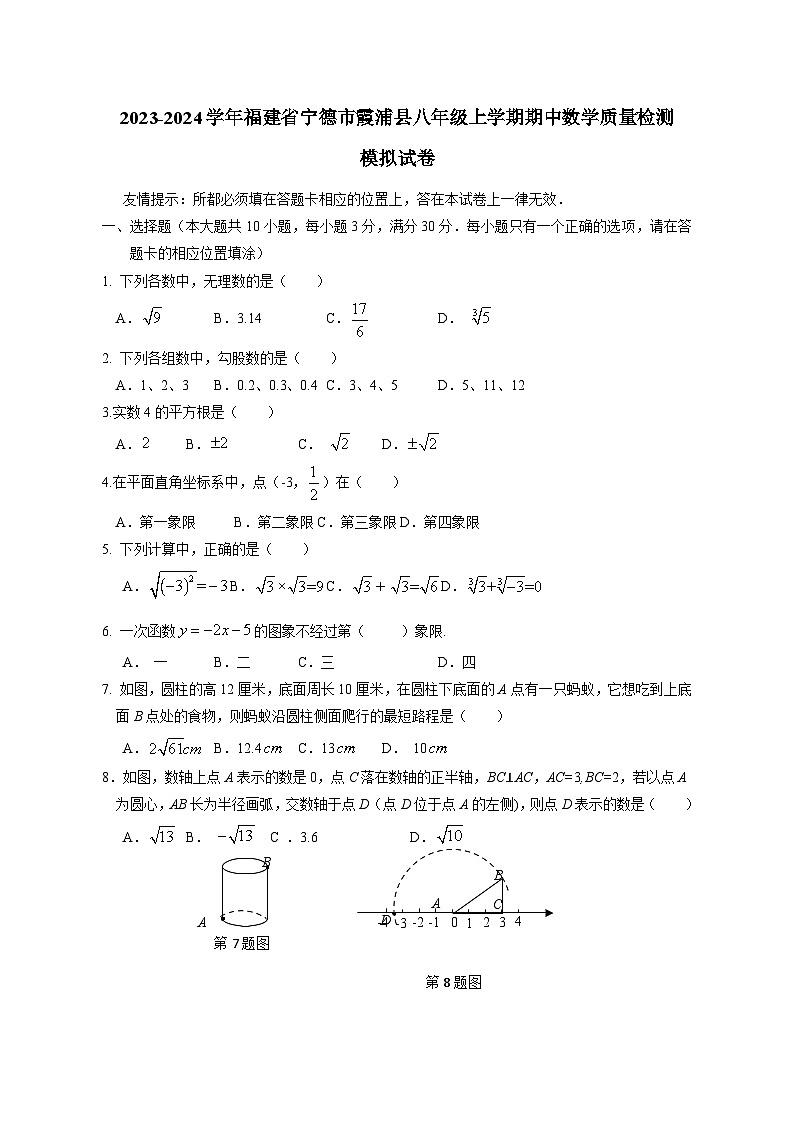 2023-2024学年福建省宁德市霞浦县八年级上学期期中数学质量检测模拟试卷（含解析）第1页