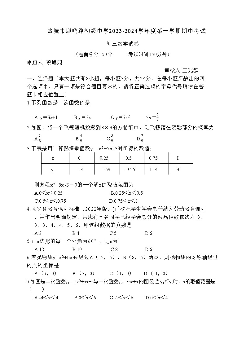 江苏省盐城市2023-2024学年鹿鸣路初中初三上学期数学期中考试卷01