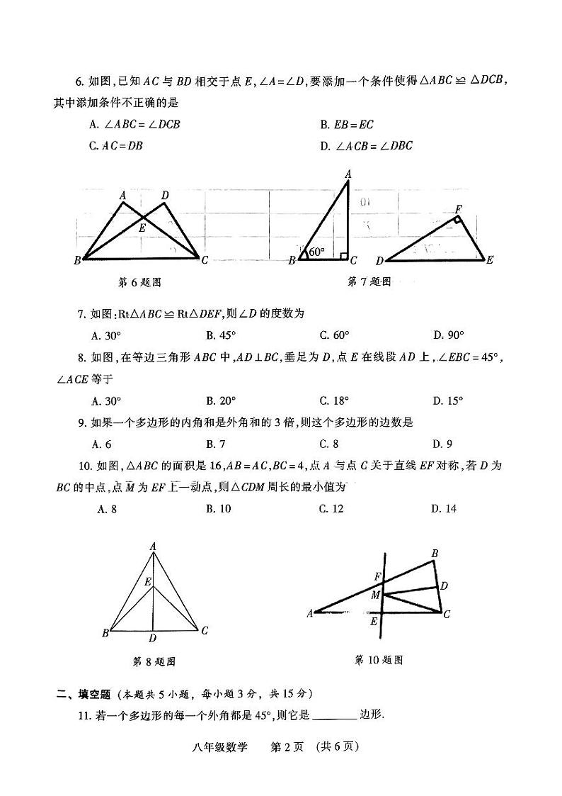 河南省濮阳市2023-2024学年八年级上学期11月期中数学试题第2页