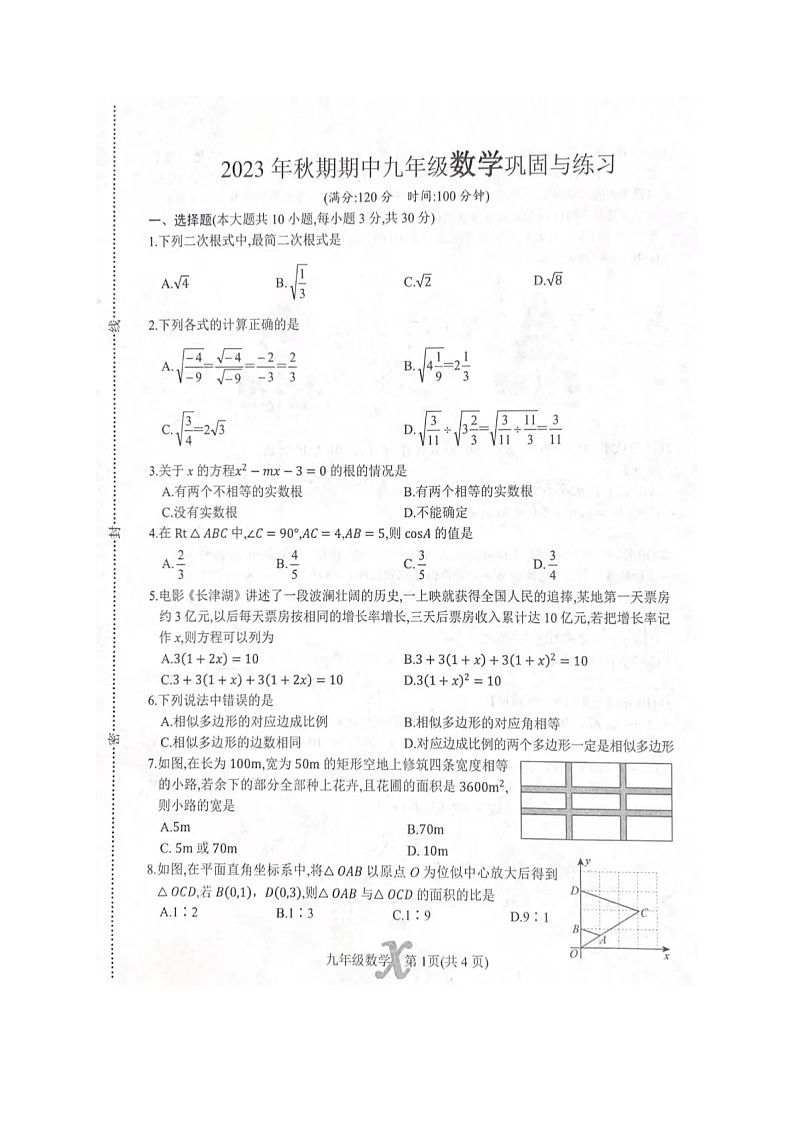 河南省南阳市内乡县2023-2024学年九年级上学期11月期中数学试题01