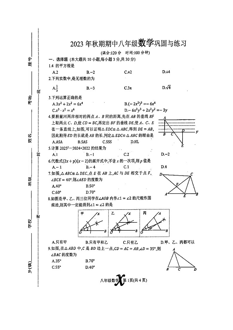 河南省南阳市内乡县2023-2024学年八年级上学期11月期中数学试题01