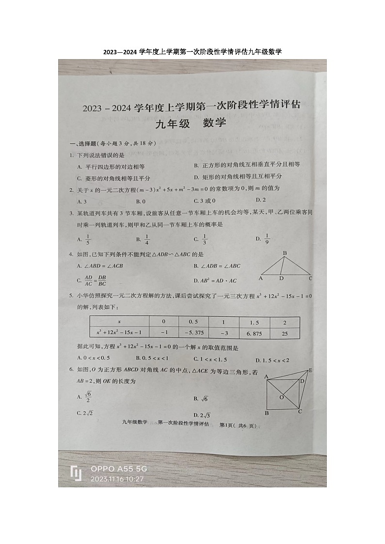 江西省九江市柴桑区2023-2024学年九年级上学期11月期中数学试题01