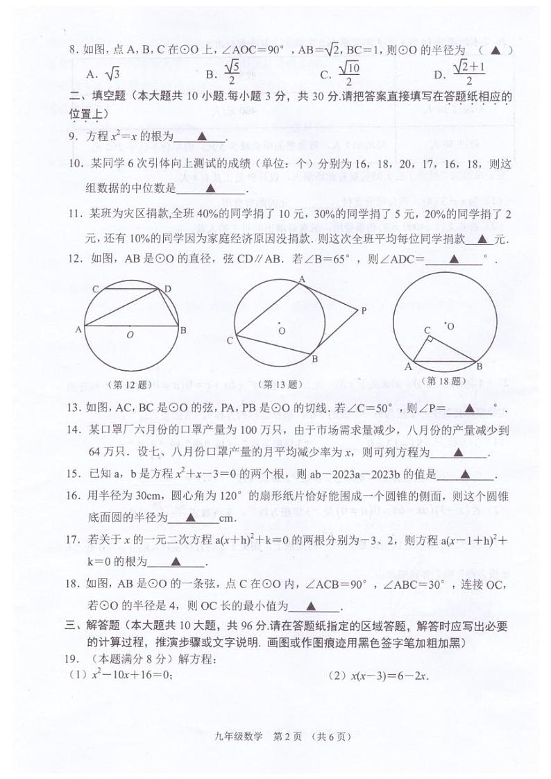 江苏省宿迁市沭阳县2023-2024学年九年级上学期11月期中数学试题02