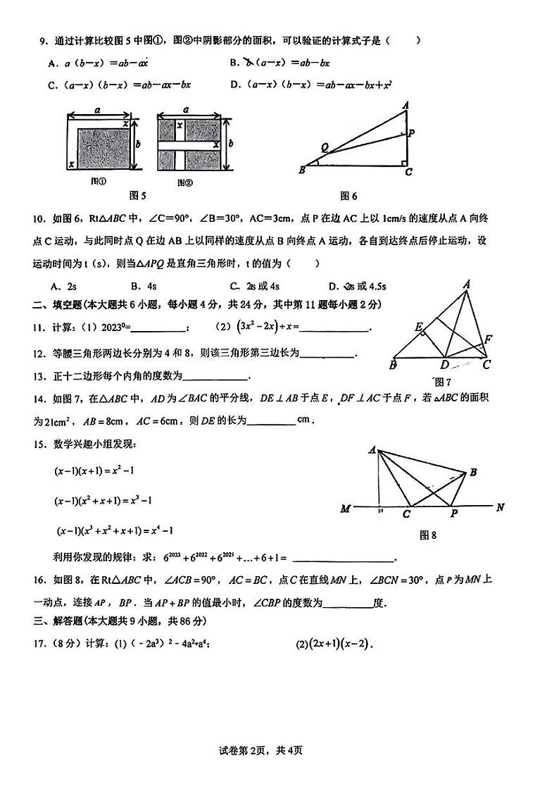 福建省厦门集美中学2023-2024学年八年级上学期期中考试数学试题第2页