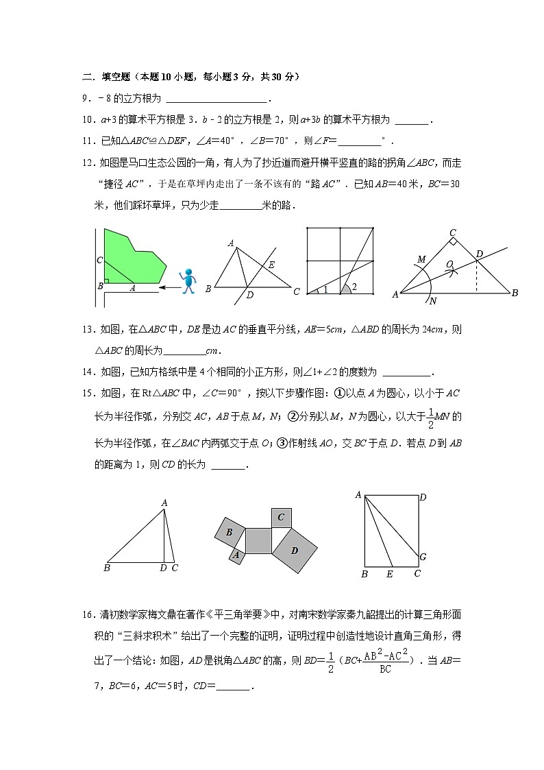 江苏省扬州中学教育集团树人学校2023—2024学年上学期八年级数学期中试卷02