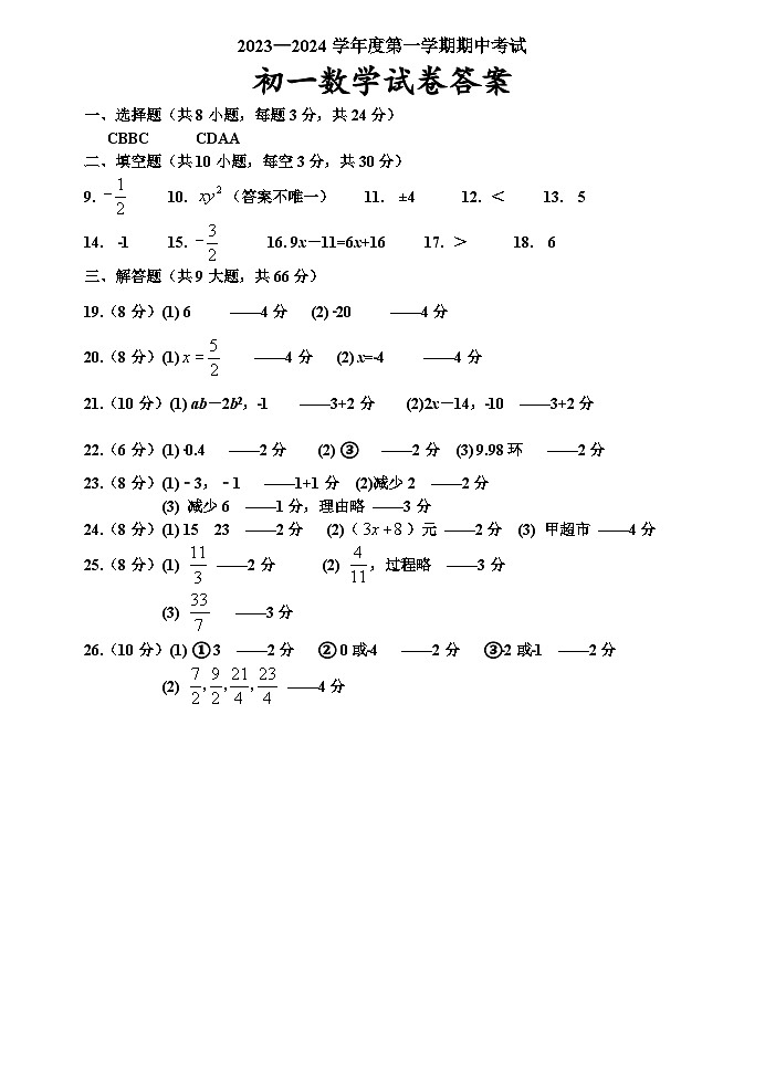 初一数学答案(2)（答案不全）第1页