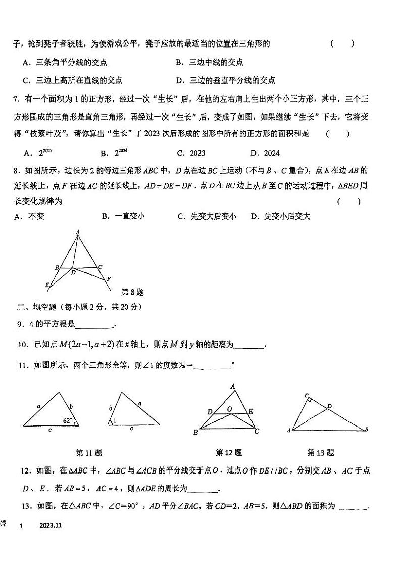江苏省 常州市 天宁区常州市正衡中学2023-2024学年 八年级上学期  11月份期中数学试题02