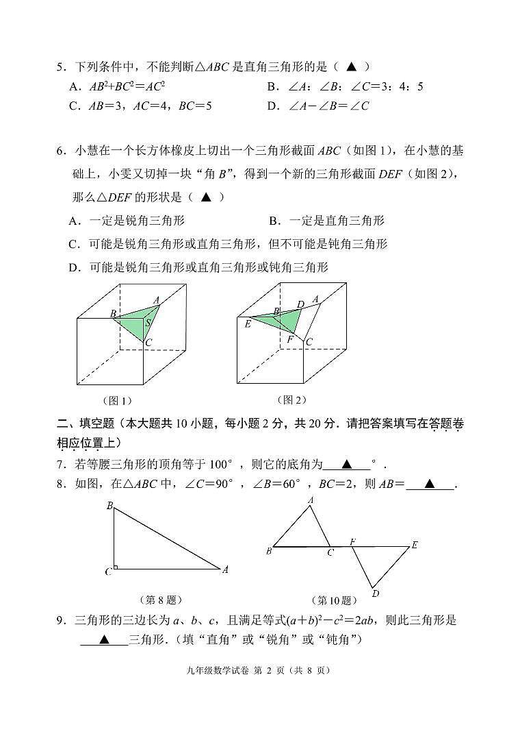 江苏省南京市钟英中学2023-2024学年八年级上学期11月期中数学试题02