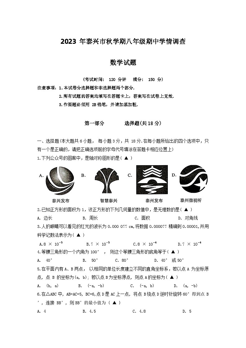 江苏省泰州市泰兴市2023-2024学年上学期八年级数学期中学情调查 试卷第1页