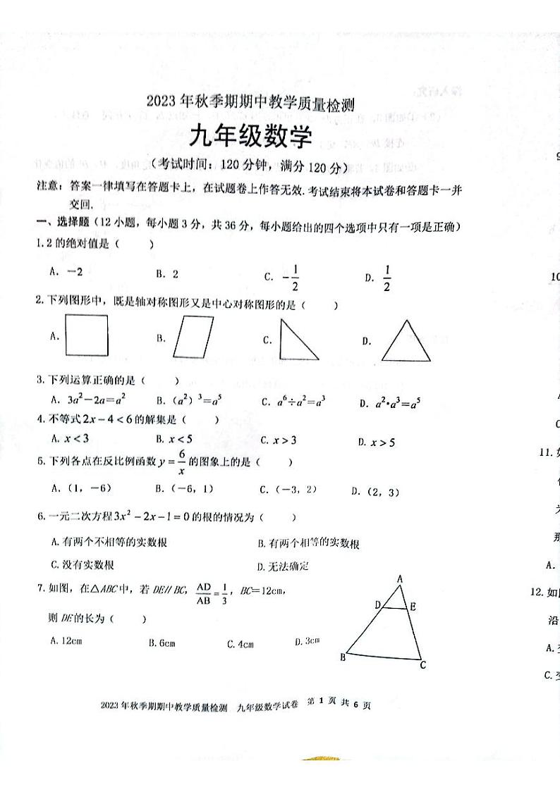 广西贵港市桂平市2023-2024学年九年级上学期期中数学试题01