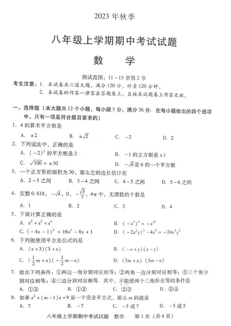 湖南省衡阳市衡南县2023-2024学年上学期期中教学质量检测八年级数学试卷第1页