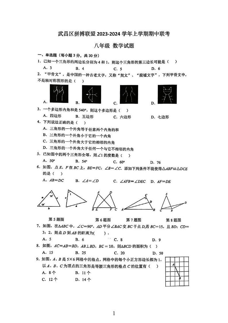 湖北省武汉市武昌区拼搏联盟2023-2024学年八年级上学期期中数学试卷01