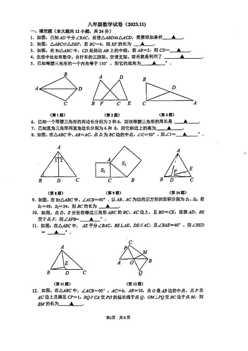 江苏省镇江市丹阳市第八中学2023-2024学年八年级上学期数学期中测试卷真题01