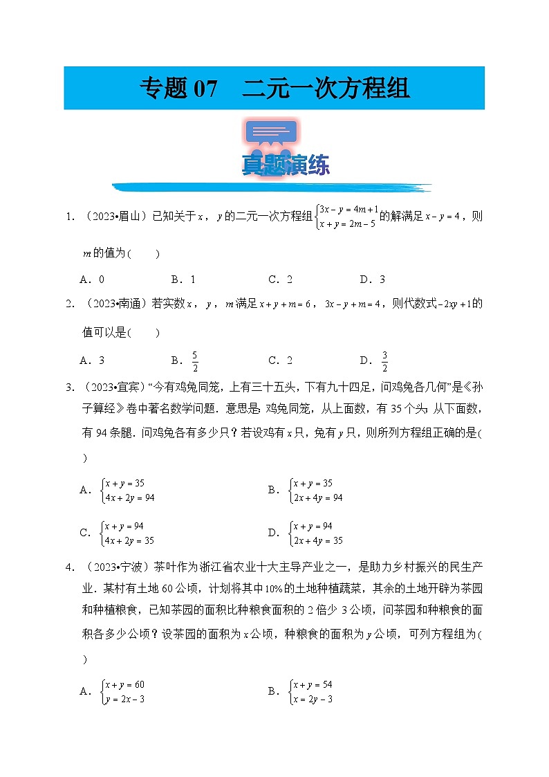 专题07 二元一次方程组（真题演练、精选模拟）--2024年中考数学一轮复习（全国通用）第1页