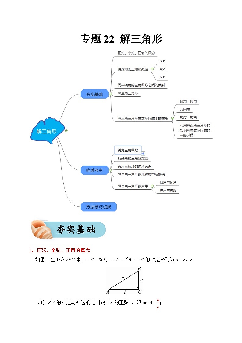 专题22 解三角形（夯实基础、考点分析）--2024年中考数学一轮复习（全国通用）第1页
