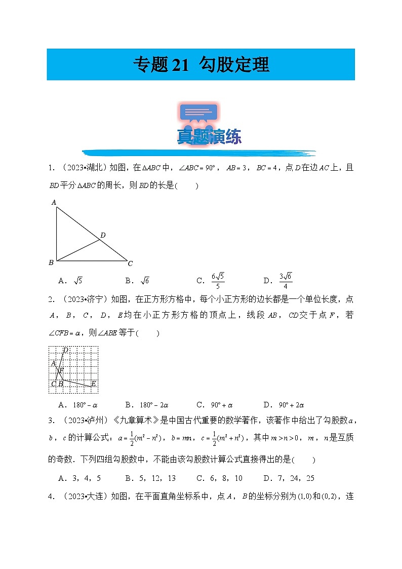 专题21 勾股定理（真题演练、精选模拟）--2024年中考数学一轮复习（全国通用）第1页