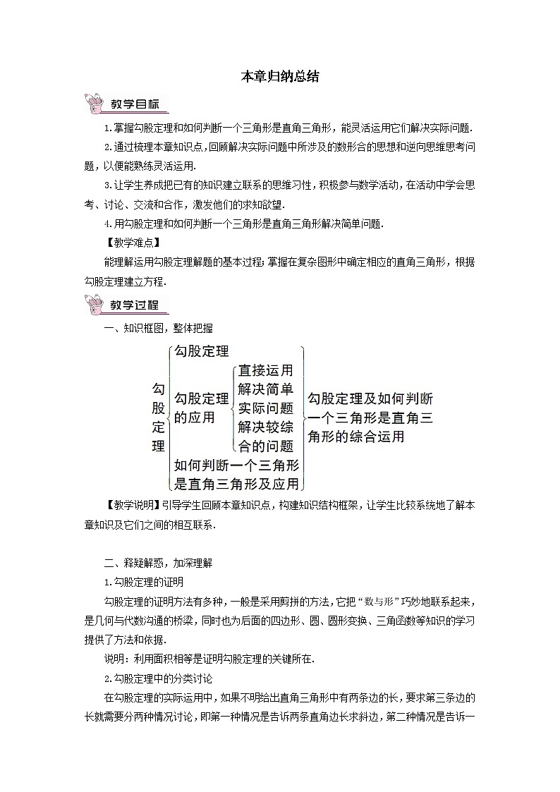 第一章勾股定理本章归纳总结教案（北师大版八年级数学上册）01