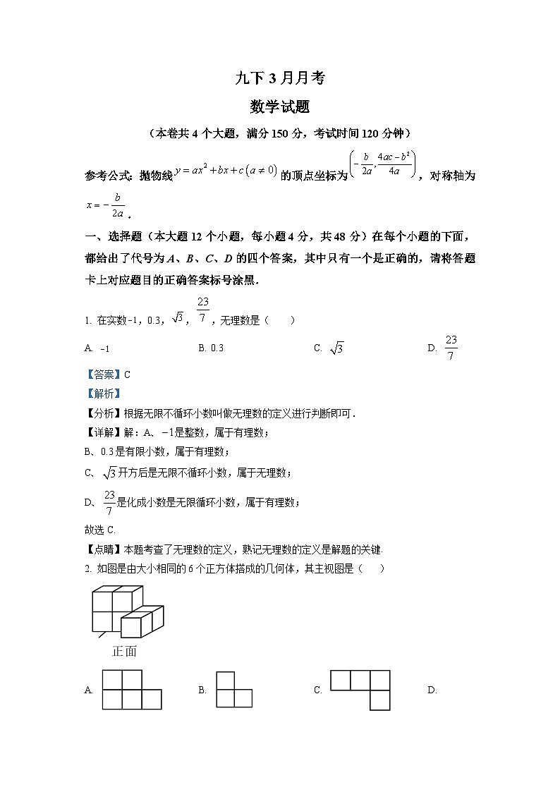 九年级下学期3月月考数学试题（解析版）第1页