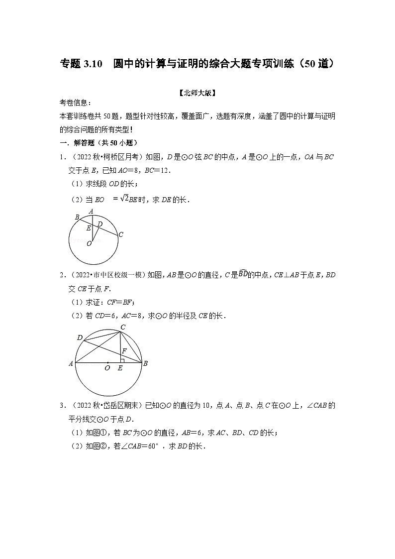 北师大版九年级数学下册 专题3.10 圆中的计算与证明的综合大题专项训练（50道）（原卷版）+解析版01