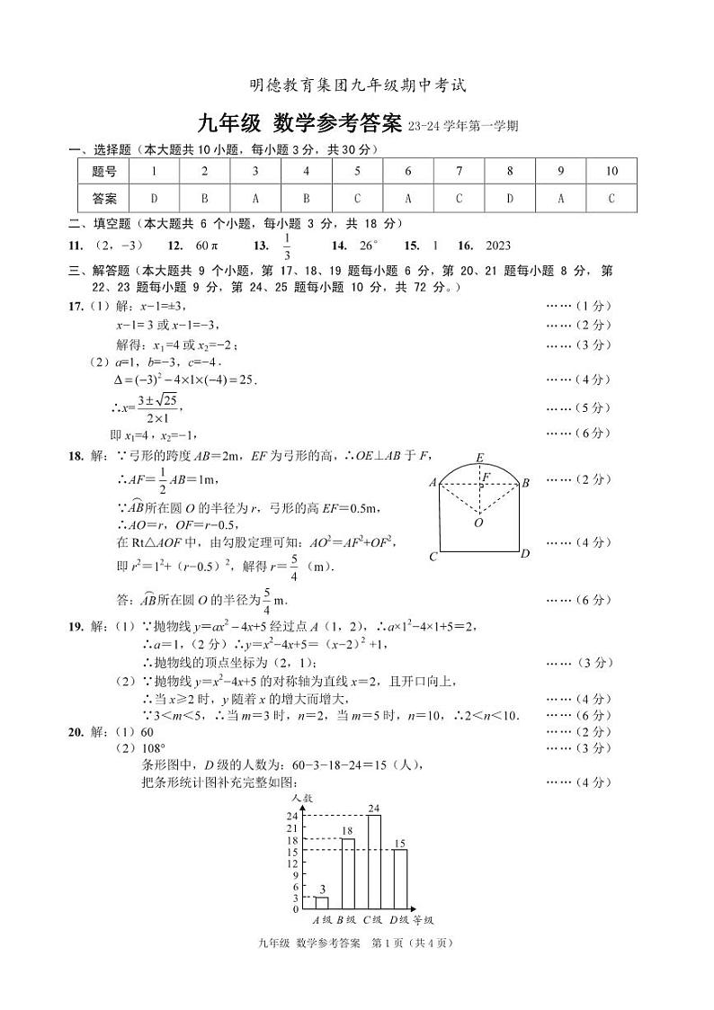 明德教育集团2023-2024学年九年级上学期期中考试数学试卷及参考答案01