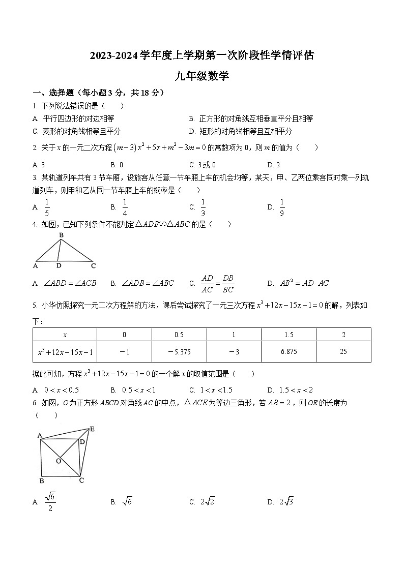 江西省九江市都昌县2023-2024学年九年级上学期期中数学试题01
