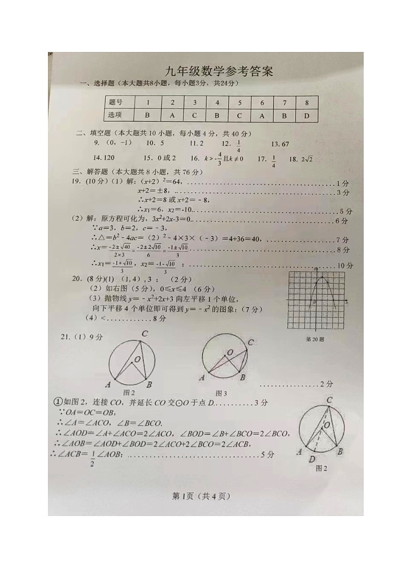 九年级数学参考答案第1页